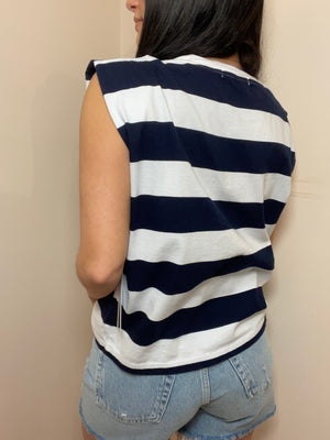 Navy Rugby Stripe Cropped Muscle Tee