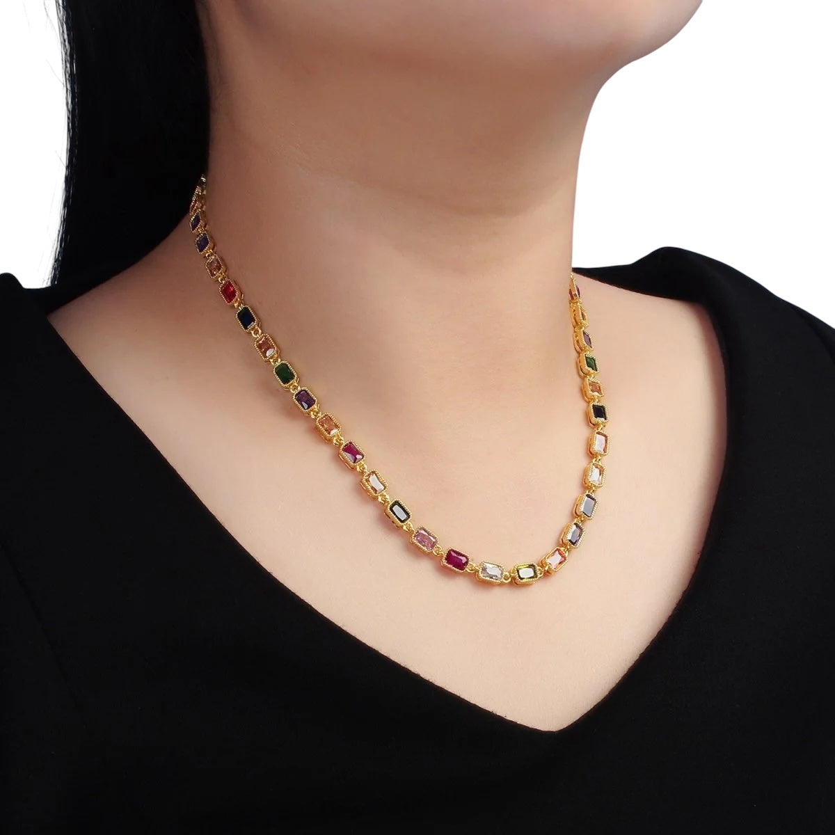 Multicolor CZ Baguette Necklace - Gold Filled