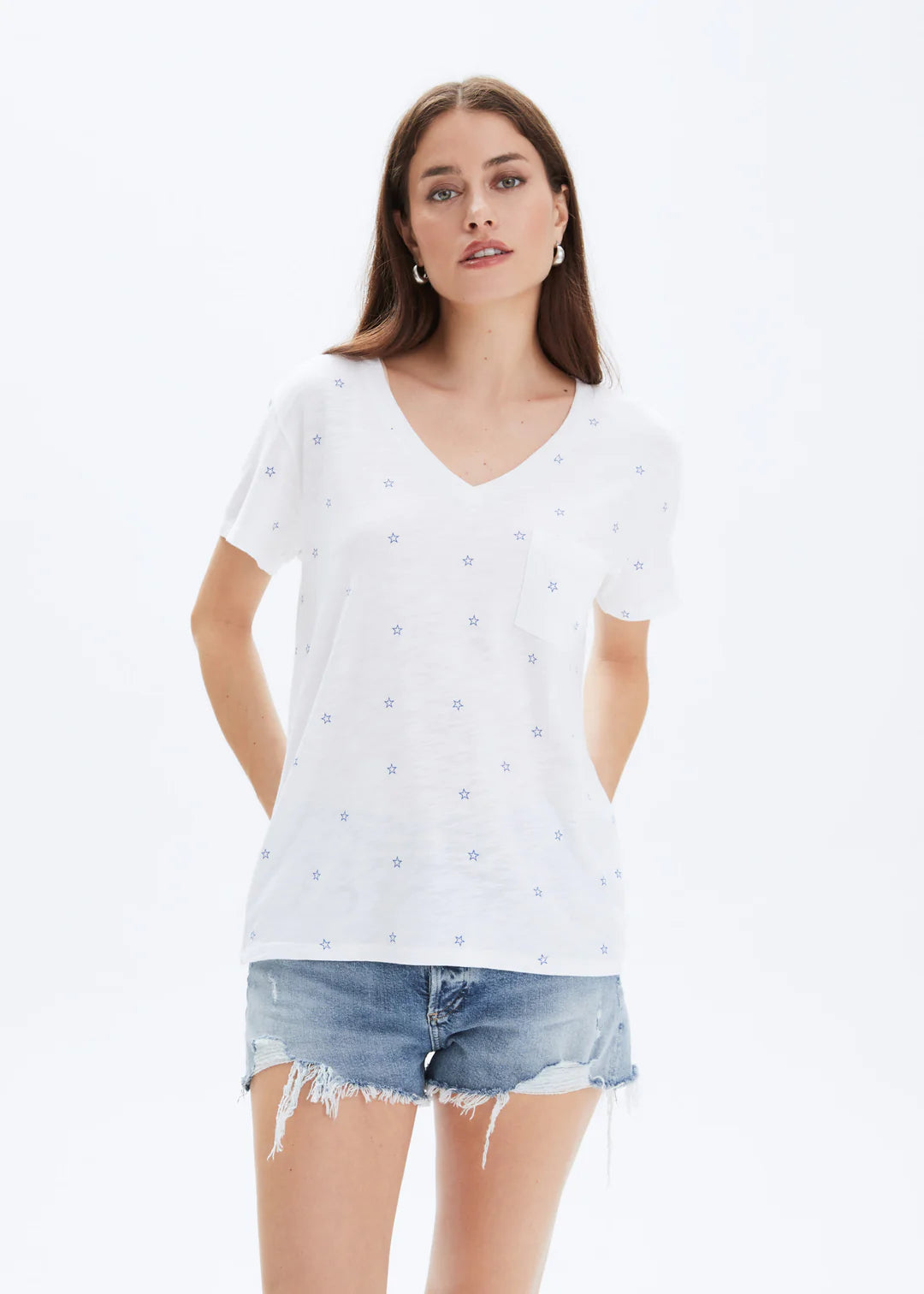 All Over Blue Stars V Neck Wide T-Shirt