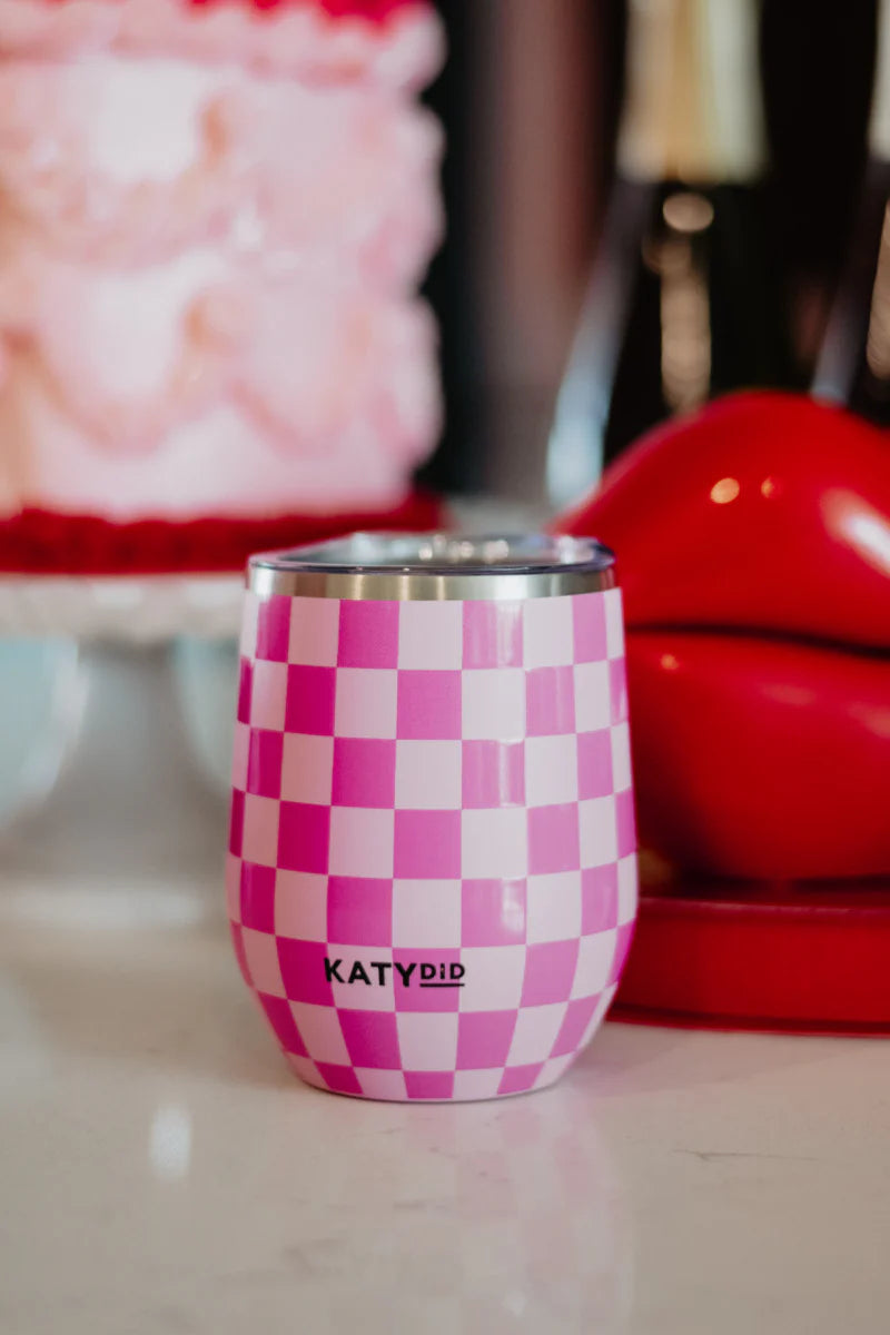 Pink Checkered Stemless Wine Tumbler